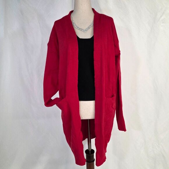 True Red Soft Open Cardigan with Pockets & Fitted Sleeves, Size Large - Picture 5 of 10
